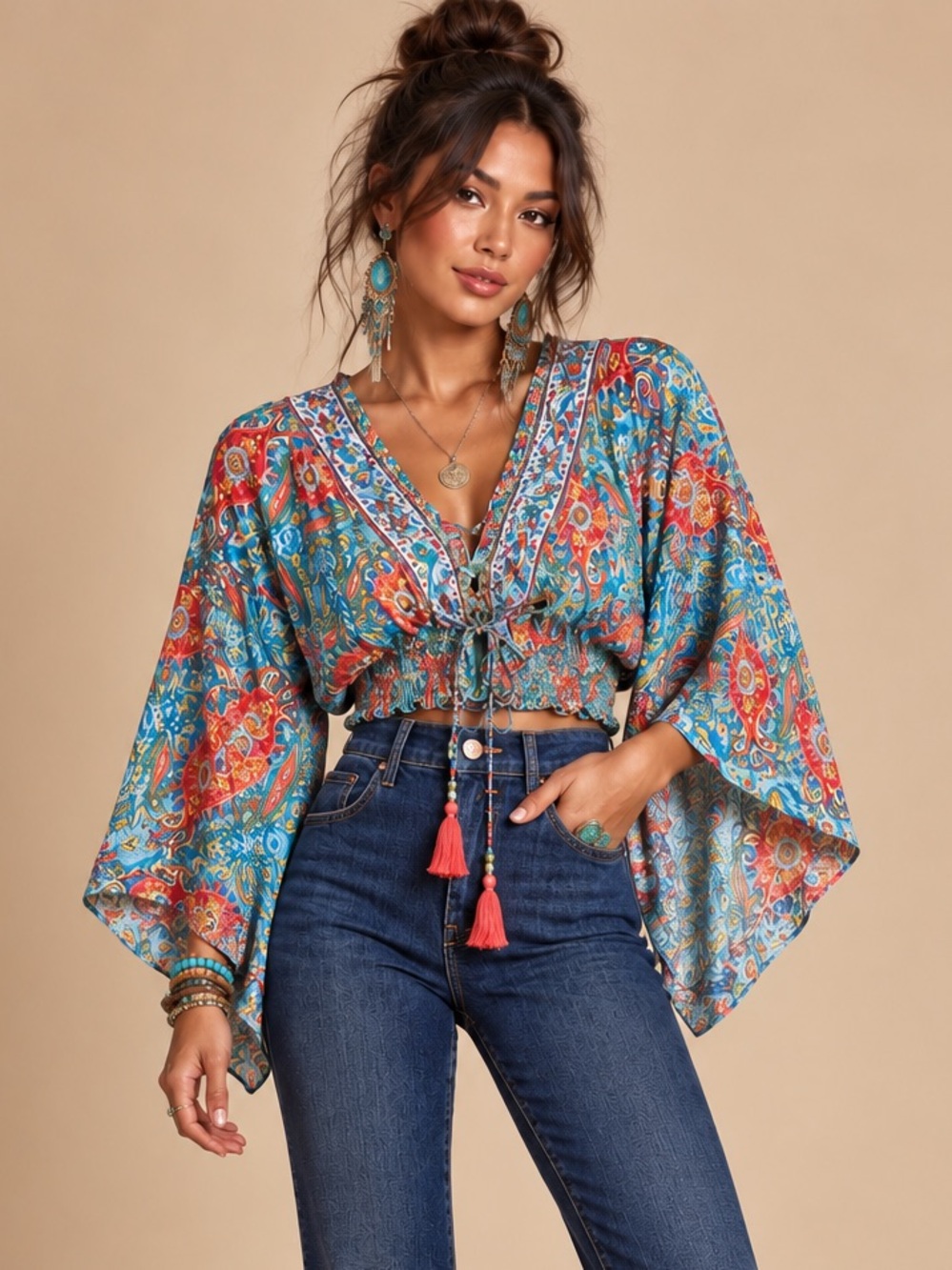 India Boutique Teal Multi Floral Tie-Front Boho Crop Blouse